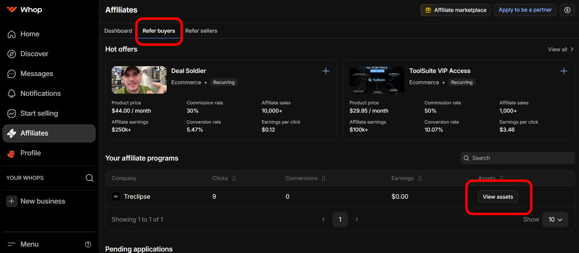 Whop dashboard affiliates section