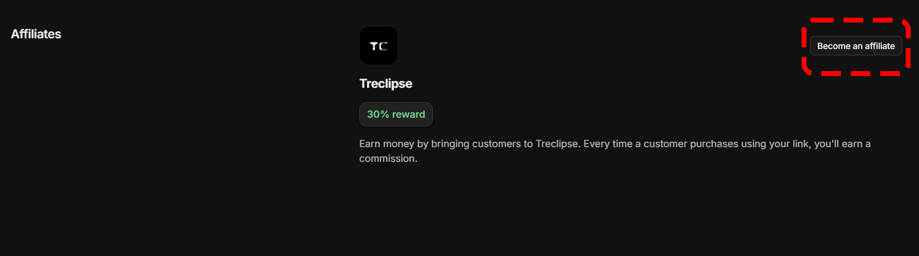 Treclipse affiliate section on Whop