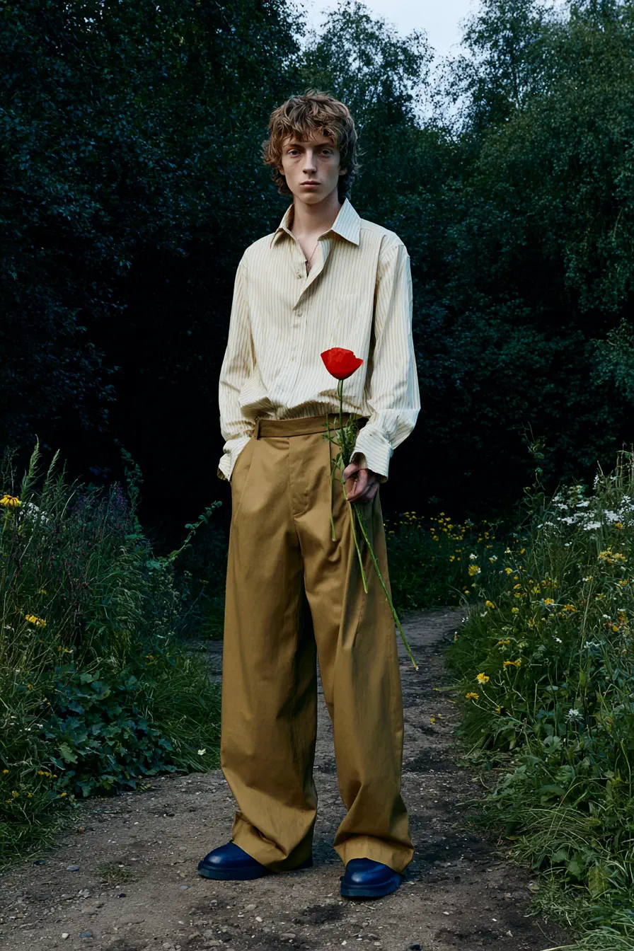 A young man in a wild garden holding a single red rose.