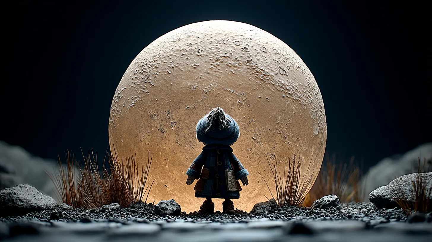 A small hooded traveler stands before a massive glowing moon in a rocky, grassy night landscape.