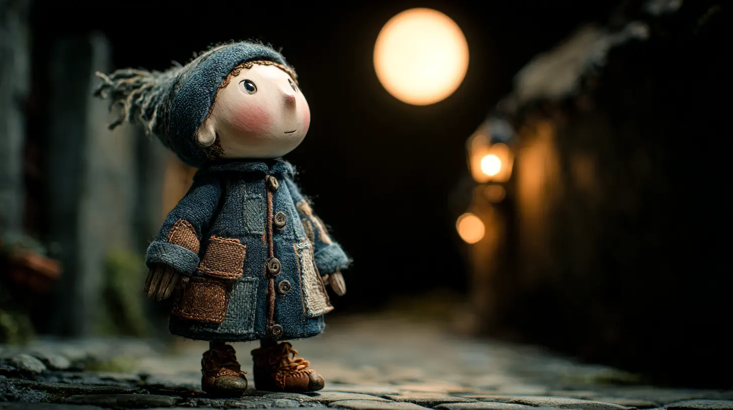 A whimsical doll in a cozy night alley with warm lantern bokeh.