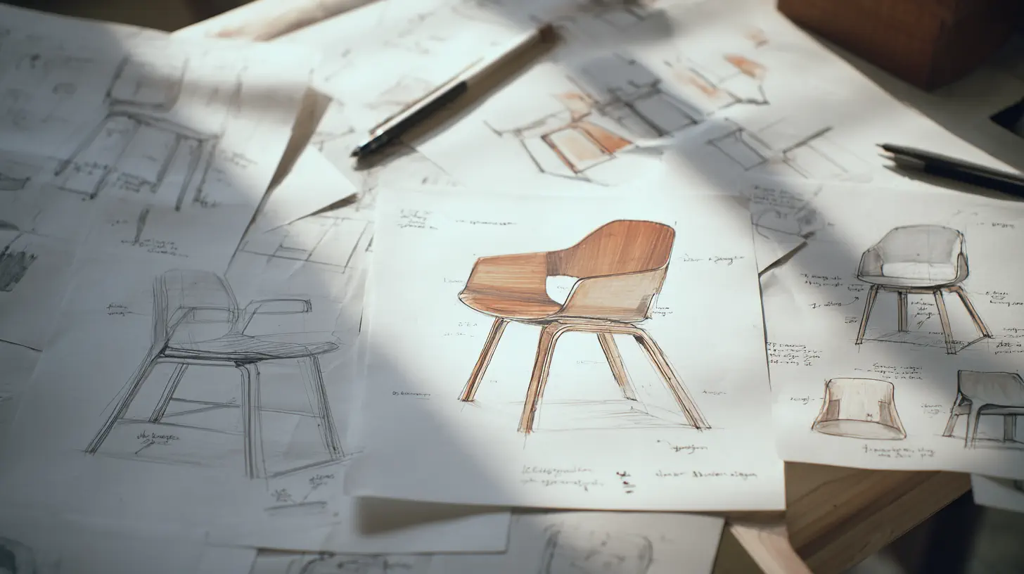 Sunlit design sketches of a modern wooden chair on a drafting table.