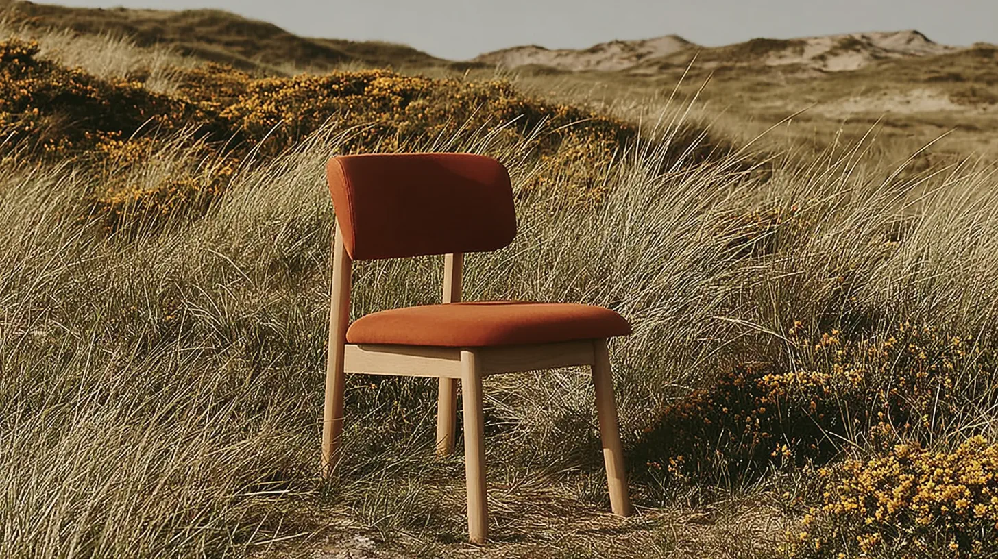 A rust-orange chair standing alone in windswept dunes.