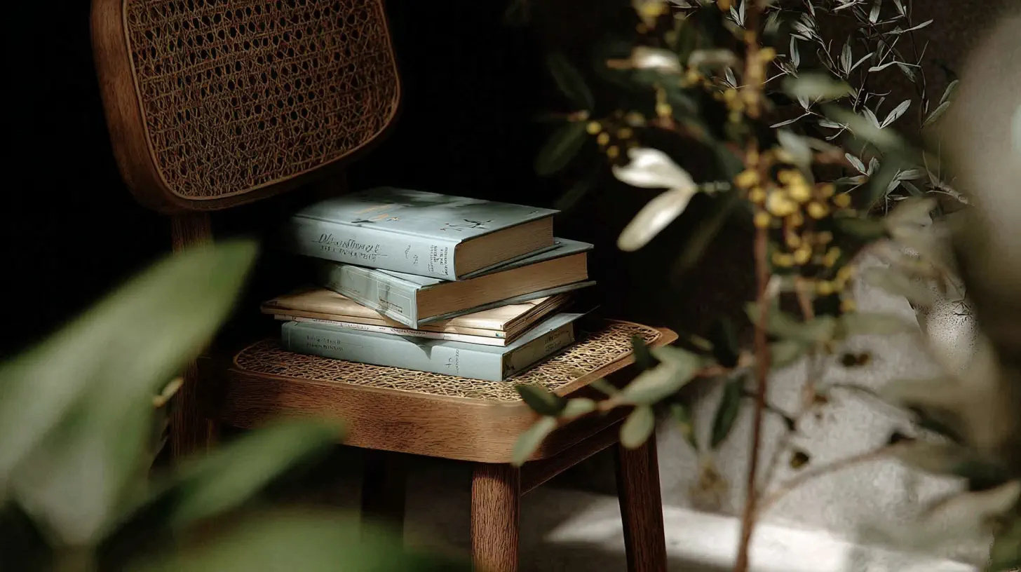 A cane chair with stacked books in warm, moody window light.